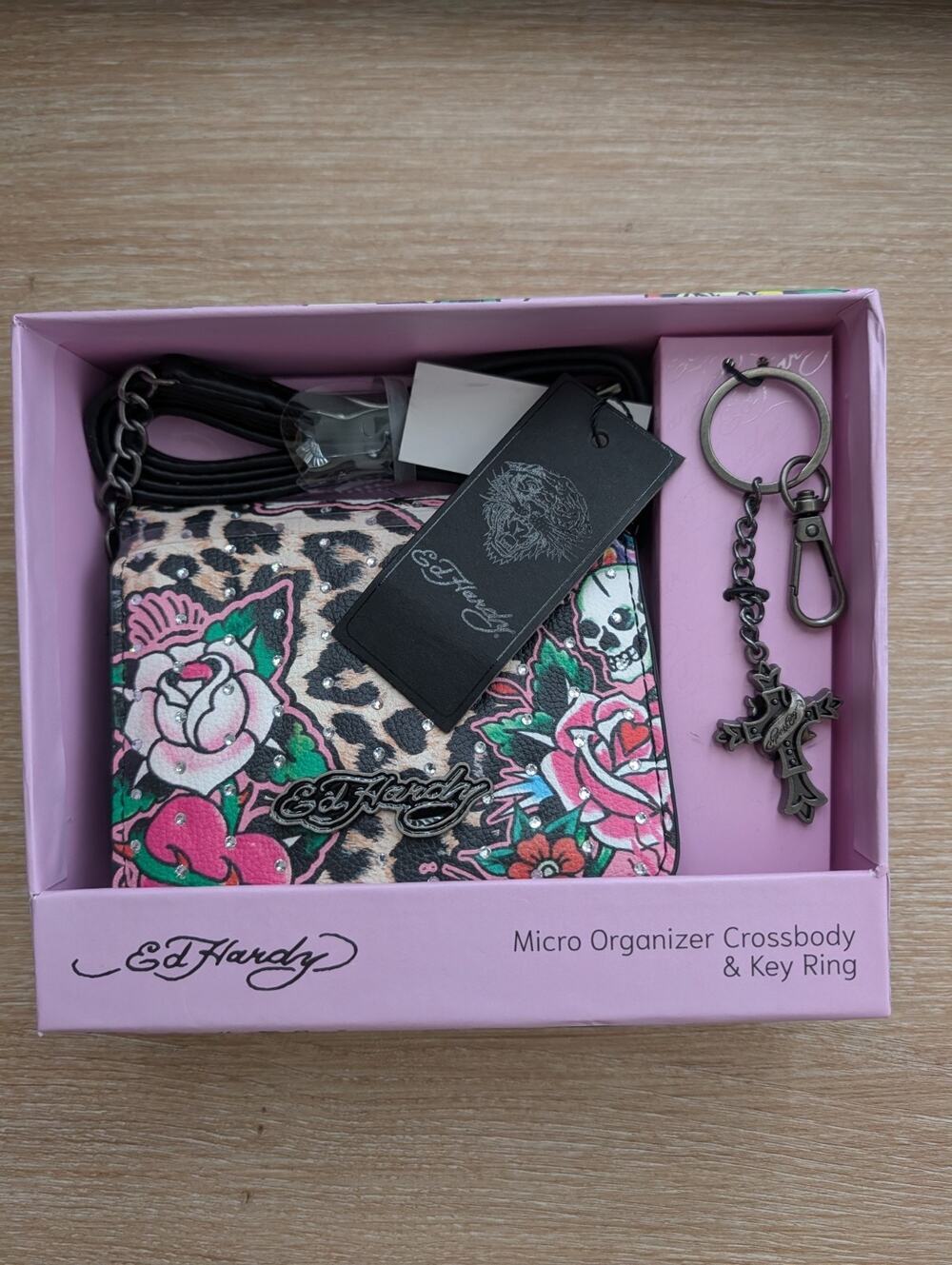 Ed Hardy Crossbody Micro Organizer Handbag W/Keyring Flowers & Skull Print NEW